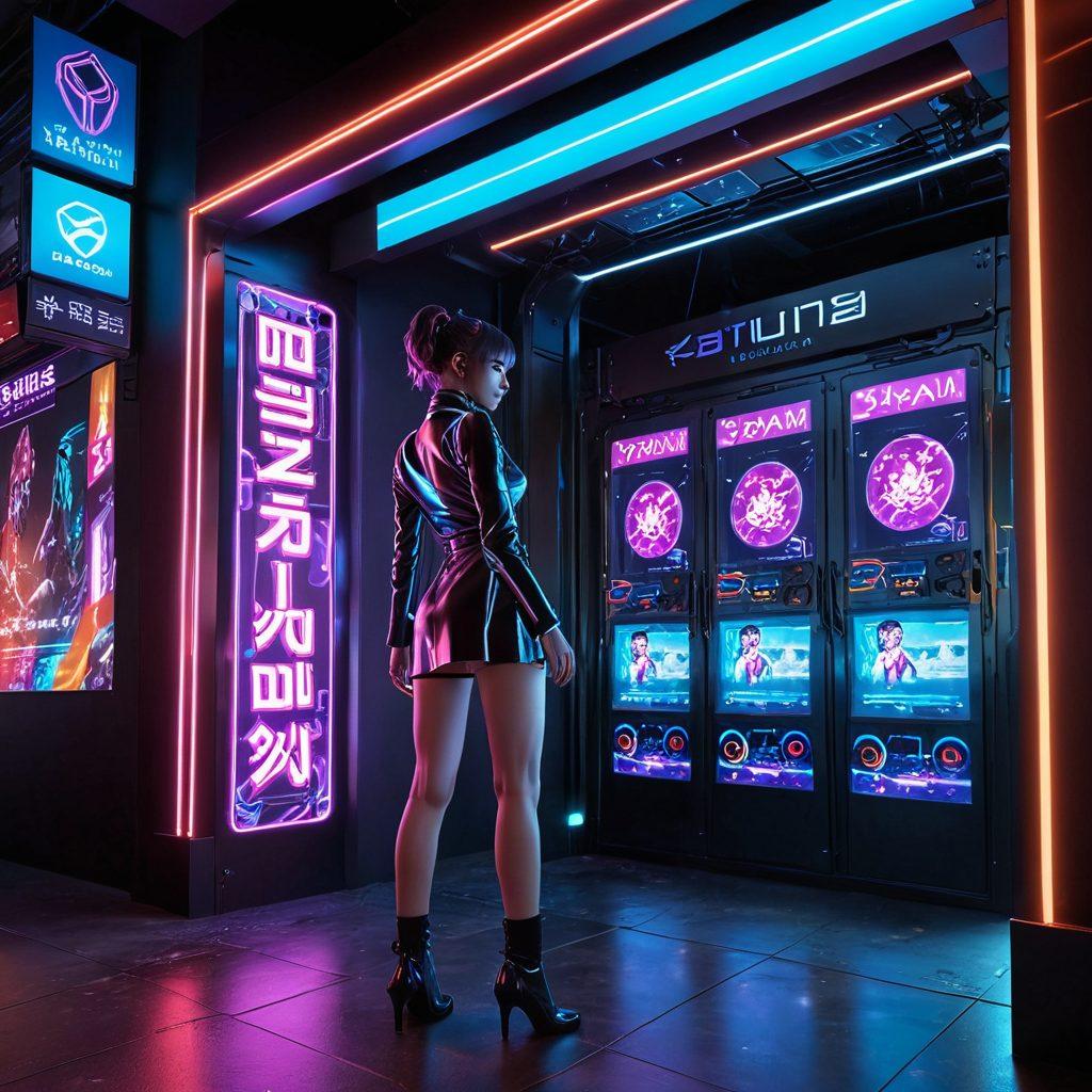 A stylized, neon-lit gateway representing adult entertainment, featuring colorful hentai characters in playful poses. The background should have shadows of streaming media symbols, hinting at a digital landscape. Soft, inviting lighting to create a captivating atmosphere. Add futuristic kinks like holographic displays and playful elements. vibrant colors. cyberpunk.
