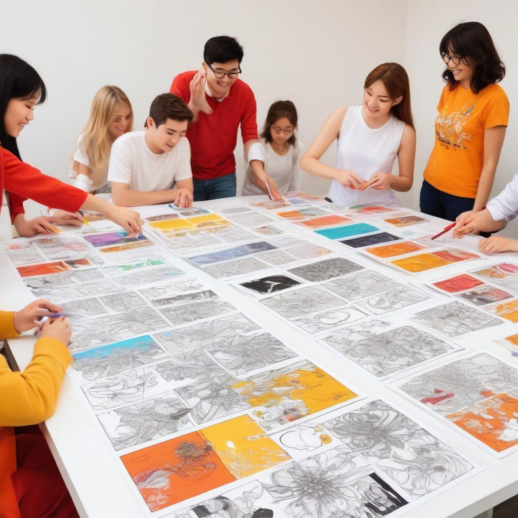 A vibrant collage showcasing a diverse group of people engaging in various hentai-themed activities, such as creating art, playing games and discussing in a friendly community setting. Include elements like colorful manga panels, art supplies, and playful game designs, all intertwining to express creativity and connection. Use a bright and inviting color palette to convey a sense of fun and inclusivity. vector art. vibrant colors. white background.